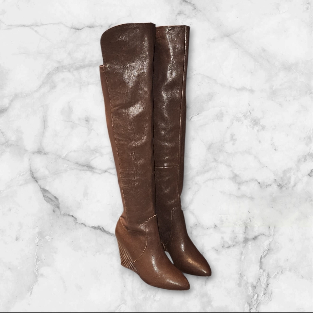 Women Vintage Wedge Leather Brown Over Knee Boots by Charles and David SZ 6.5M